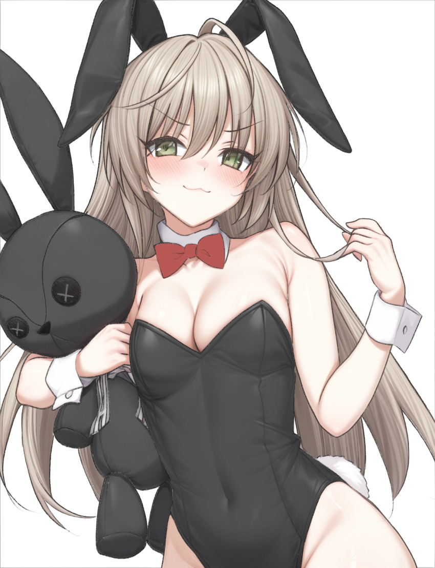 1girl, :3, ahoge, alternate_costume, alternate_hairstyle, animal_ears, armpit_crease, bare_shoulders