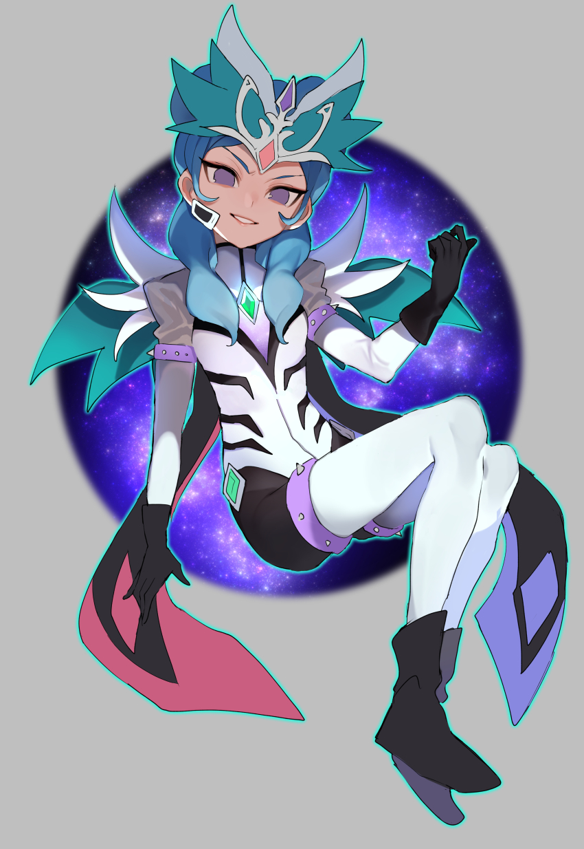 1girl, absurdres, beta_(inazuma_eleven), black_bodysuit, black_boots, black_gloves, blue_hair, bodysuit