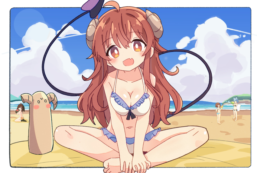 4girls, ahoge, beach, bikini, black201_wav, blue_hair, blush, border, breasts, bright_pupils, brown_eyes, brown_hair, cleavage, cloud, cumulonimbus_cloud, curled_horns, day, demon_girl, demon_tail, fang, highres, horns, long_hair, looking_at_viewer, machikado_mazoku, multiple_girls, navel, open_mouth, original, outdoors, outside_border, sand, sitting, skin_fang, sky, swimsuit, tail, water_gun, white_border, white_pupils, yoshida_yuuko