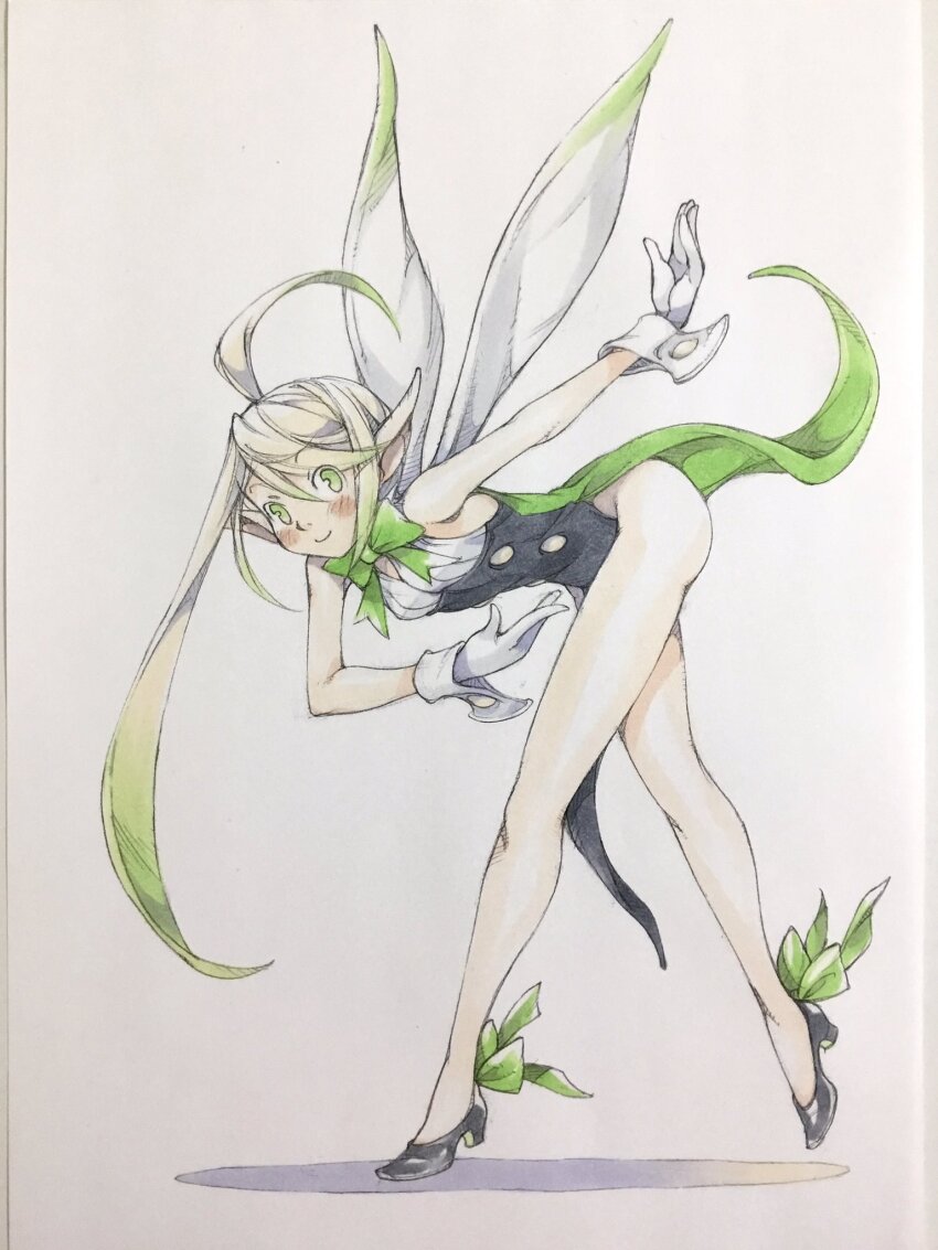 1girl, ahoge, bare_arms, bent_over, black_leotard, black_shoes, blonde_hair, bow