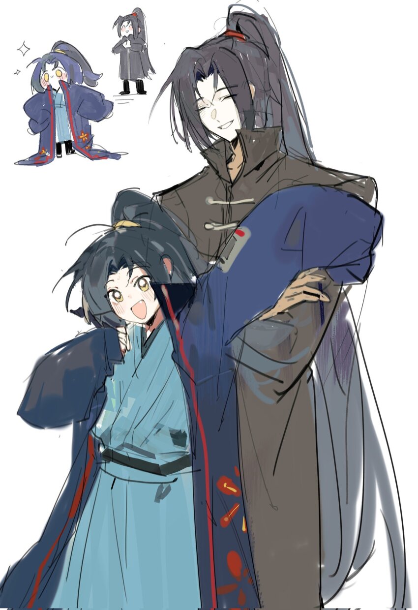 2boys, arm_up, black_hair, blue_coat, blue_hanfu, brothers, chinese_clothes, coat