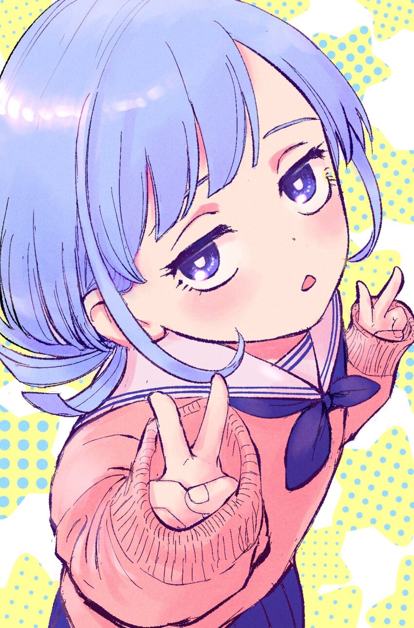 1girl, :o, blue_eyes, blue_hair, blue_neckerchief, blue_skirt, blush, cardigan