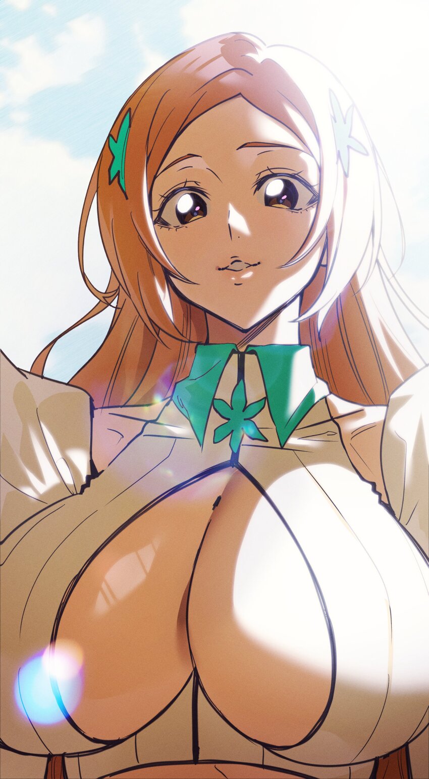 1girl, absurdres, bleach, bleach:_sennen_kessen-hen, breasts, brown_eyes, cleavage, cleavage_cutout, clothing_cutout, detached_sleeves, female_focus, hair_ornament, highres, inoue_orihime, large_breasts, long_hair, n_(nauki_11), orange_hair, parted_lips, puffy_sleeves, snowflake_hair_ornament
