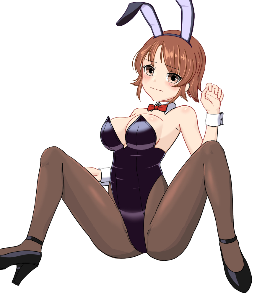 1girl, akakin2012, animal_ear_hairband, animal_ears, black_leotard, black_pantyhose, black_shoes, bow, bowtie, breasts, brown_eyes, brown_hair, commentary_request, detached_collar, fake_animal_ears, flipped_hair, hairband, highleg, highleg_leotard, kantai_collection, leotard, m_legs, medium_breasts, pantyhose, playboy_bunny, rabbit_ears, red_bow, red_bowtie, richard_p._leary_(kancolle), shoes, short_hair, simple_background, sitting, solo, spread_legs, strapless, strapless_leotard, white_background, wrist_cuffs
