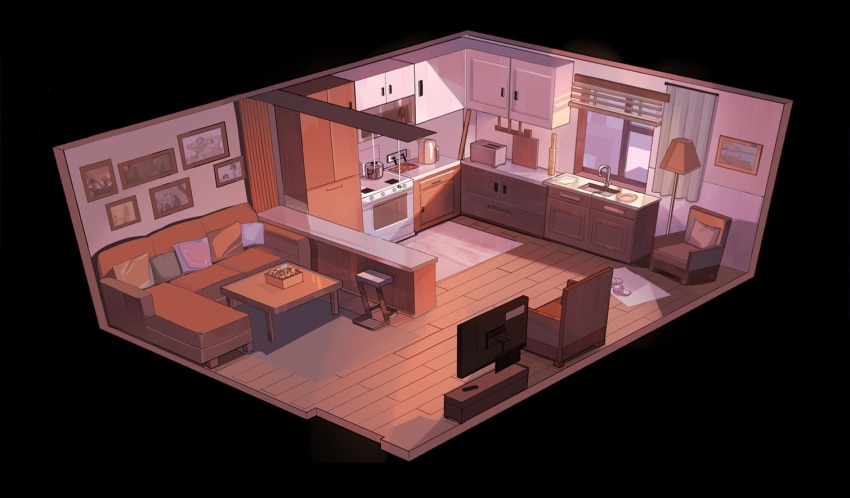 cabinet, carpet, chair, commentary, concept_art, couch, curtains, english_commentary