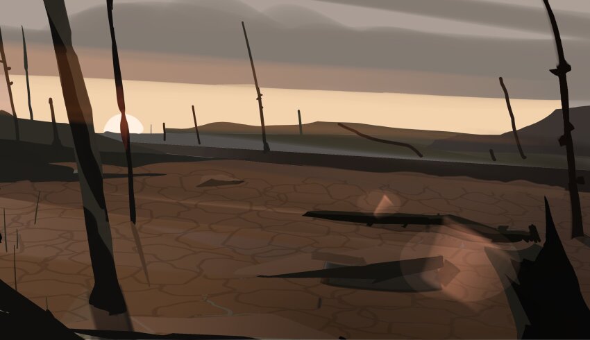 bare_tree, desert, highres, lens_flare, ma_someru, mountainous_horizon, no_humans, original