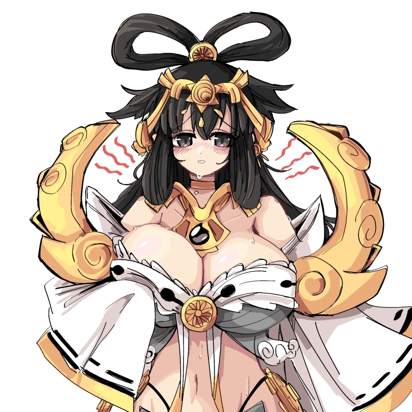 1girl, amaterasu_(nyanko_daisensou), armor, black_eyes, black_hair, blush, breasts, cleavage, commentary_request, ddungchi, gold_armor, hair_flaps, hair_rings, highres, huge_breasts, korean_commentary, long_hair, long_sleeves, navel, nyanko_daisensou, open_mouth, ribbon-trimmed_sleeves, ribbon_trim, simple_background, solo, sweat, upper_body, white_background