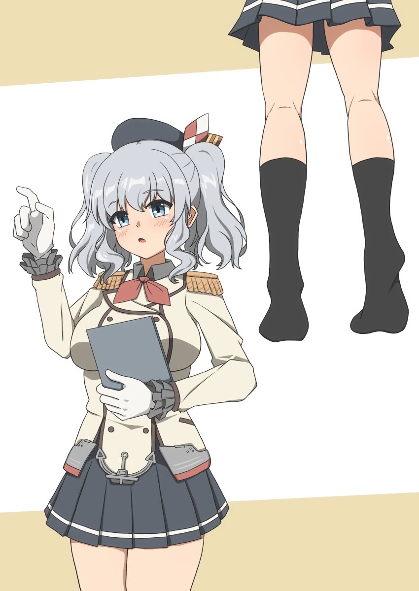 1girl, absurdres, beret, black_hat, black_socks, blue_eyes, clipboard, cowboy_shot