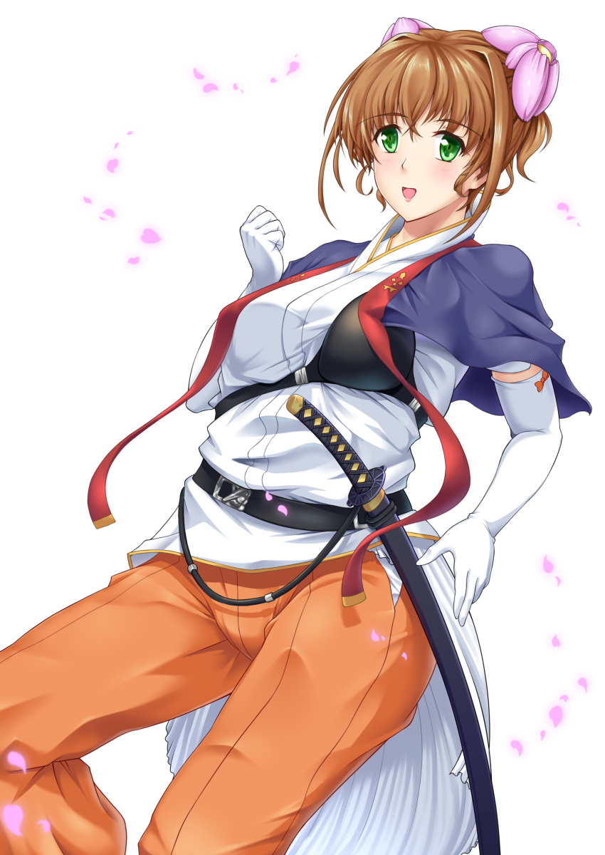 1girl, :d, absurdres, belt, blue_shawl, breasts, clenched_hand, dai_(series)