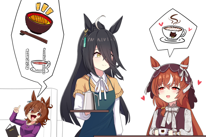 3girls, absurdres, agnes_tachyon_(casual)_(umamusume), agnes_tachyon_(umamusume), animal_ears, apron, bails, black_hair, bow, brown_hair, brown_sweater, closed_mouth, dress, green_apron, hair_between_eyes, hair_over_one_eye, highres, horse_ears, horse_girl, horse_tail, long_hair, looking_at_another, manhattan_cafe_(umamusume), multiple_girls, open_mouth, purple_shirt, red_dress, red_eyes, red_veil, shirt, shirt_under_sweater, sidelocks, smile, still_in_love_(casual)_(umamusume), still_in_love_(umamusume), sweater, tail, umamusume, veil, white_bow, white_shirt, yellow_eyes