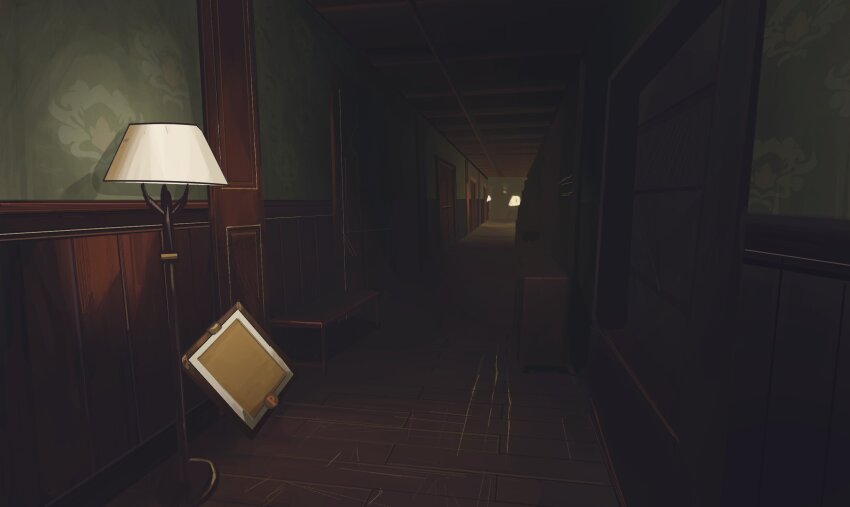 bench, dim_lighting, door, hallway, highres, indoors, lamp, liminal_space