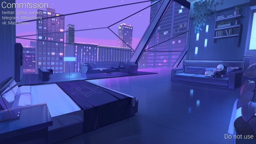 absurdres, bed, bookshelf, city, city_lights, commission, couch, desk