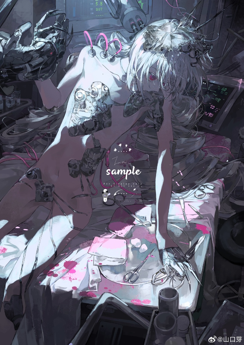 1girl, absurdres, android, arm_support, blood, cable, highres, holding, indoors, joints, long_hair, mechanical_arms, mechanical_hands, navel, needle, nude, operating_table, original, pink_blood, red_eyes, robot_joints, sample_watermark, scissors, screwdriver, shankouya, sitting, solid_circle_eyes, solo, table, tears, very_long_hair, watermark, weibo_username, weibo_watermark, white_hair