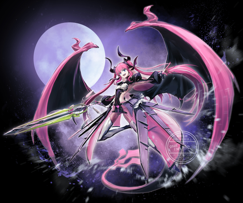 152_in_can, 1girl, black_dress, blue_eyes, bow, breasts, curled_horns, dragon_horns, dragon_tail, dragon_wings, dress, elizabeth_bathory_(fate), elizabeth_bathory_(perfect)_(third_ascension)_(fate), fate/grand_order, fate_(series), full_body, full_moon, hairband, highres, horns, layered_skirt, long_hair, long_sleeves, looking_at_viewer, mechanical_dress, moon, night, open_mouth, pink_hair, pink_skirt, pink_trim, pointy_ears, polearm, skirt, sky, small_breasts, smile, solo, spear, tail, thighhighs, two_side_up, weapon, white_thighhighs, wings