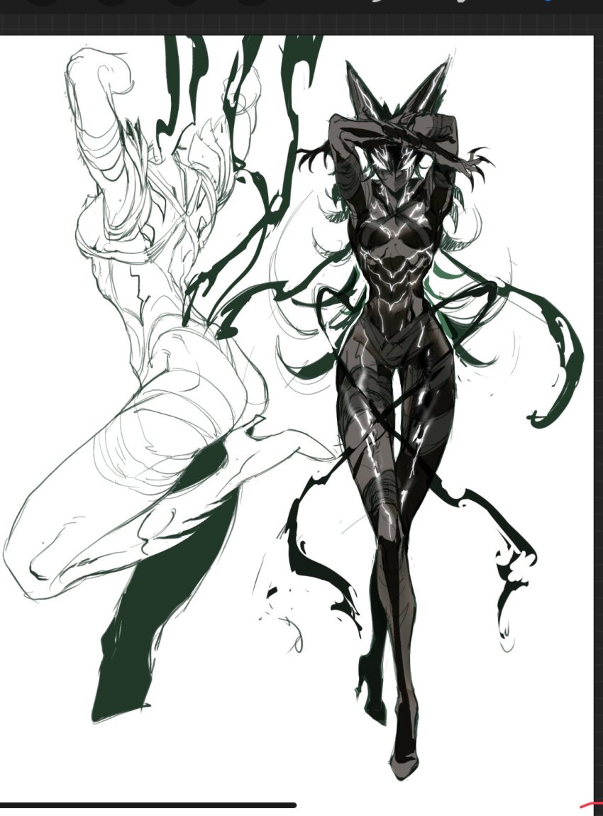 arms_up, awakened_garou_(cosmic_fear_mode), breasts, claws, cracked_skin, garou_(one-punch_man), genderswap, genderswap_(mtf), high_heels, highres, humanfly691122, medium_breasts, one-punch_man, toned, toned_female