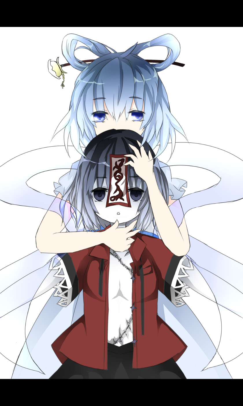 2girls, bad_id, bad_pixiv_id, blue_eyes, blush, empty_eyes, female_focus, gradient_hair, hair_ornament, hair_rings, hair_stick, highres, jiangshi, kaku_seiga, letterboxed, miyako_yoshika, multicolored_hair, multiple_girls, nekokyu, no_bra, missing_headwear, no_headwear, ofuda, open_clothes, open_shirt, pale_skin, scar, shawl, shirt, stitches, touhou, upper_body