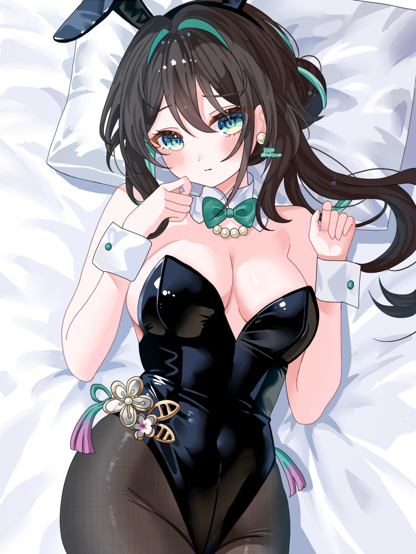 1girl, alternate_costume, animal_ear_hairband, animal_ears, artist_name, bare_shoulders, bed_sheet, black_hair, black_hairband, black_leotard, black_pantyhose, blush, bow, bowtie, breasts, cleavage, closed_mouth, collar, commentary_request, detached_collar, fake_animal_ears, green_bow, green_bowtie, green_eyes, hair_between_eyes, hairband, hands_up, highleg, highleg_leotard, highres, hitsuki_(ruon), honkai:_star_rail, honkai_(series), large_breasts, leotard, long_hair, looking_at_viewer, lying, on_back, pantyhose, pillow, playboy_bunny, rabbit_ears, ruan_mei_(honkai:_star_rail), solo, strapless, strapless_leotard, white_collar, white_wrist_cuffs, wrist_cuffs
