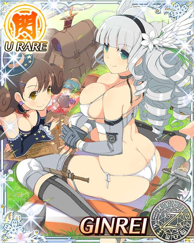 2girls, ahoge, aimu_(senran_kagura), aqua_eyes, armor, armored_boots, ass, bikini
