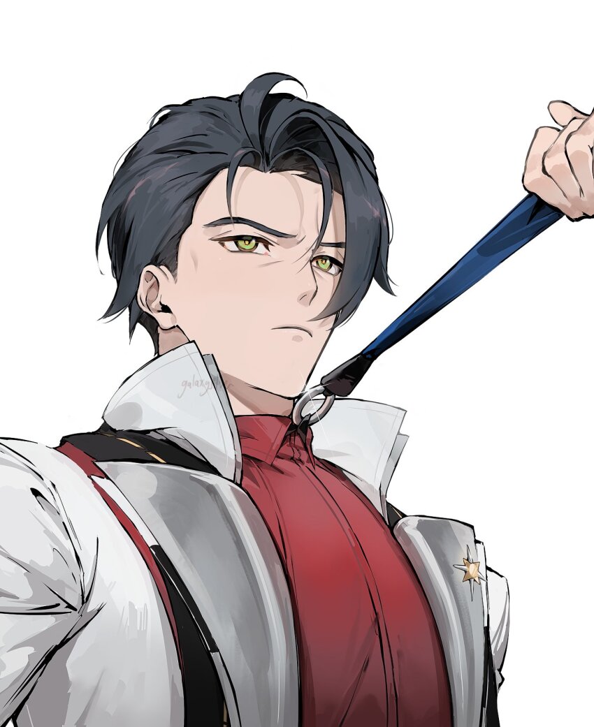 1boy, 1other, artist_name, black_hair, blue_necktie, closed_mouth, clothes_grab, commentary