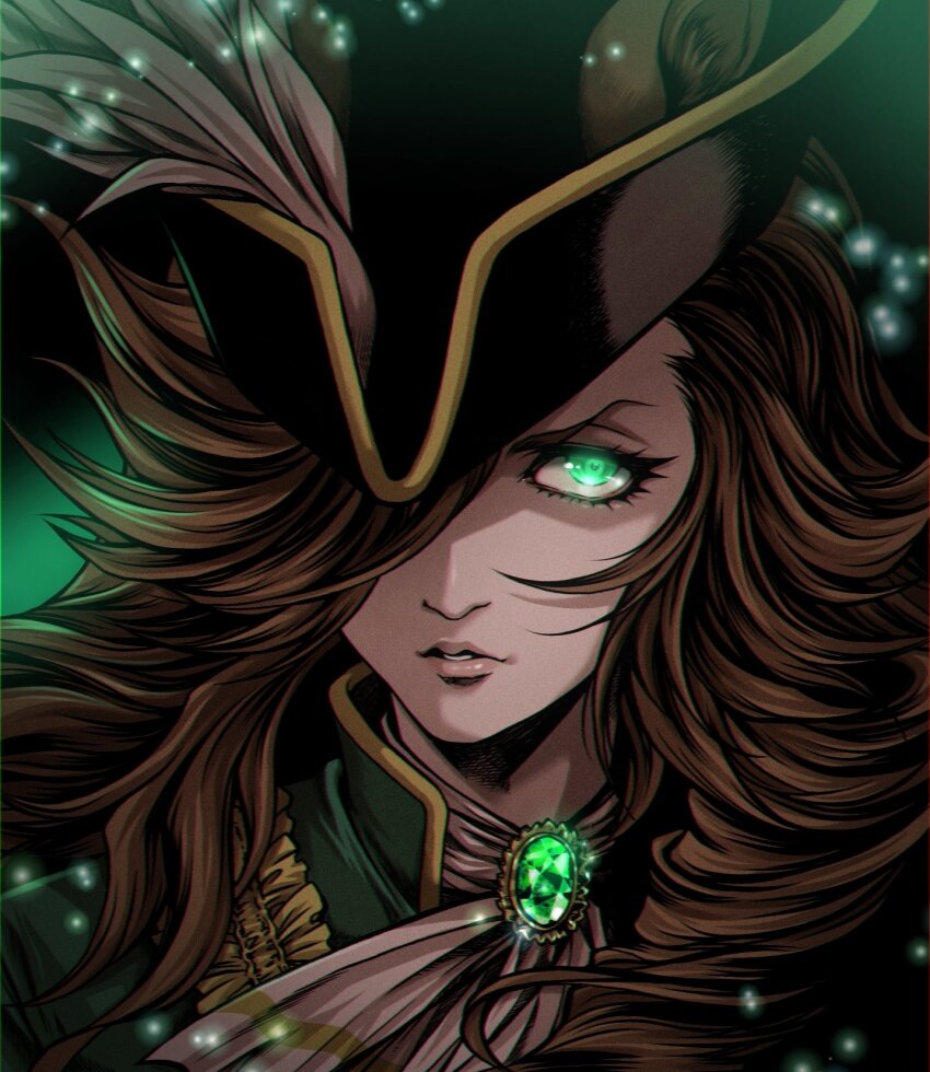 1girl, animal_ears, ascot, brown_hair, ears_through_headwear, gem, green_eyes, green_gem