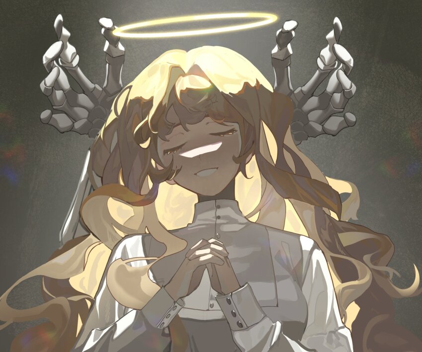 1girl, 1other, blonde_hair, closed_eyes, curtained_hair, double-parted_bangs, glowing, glowing_hair