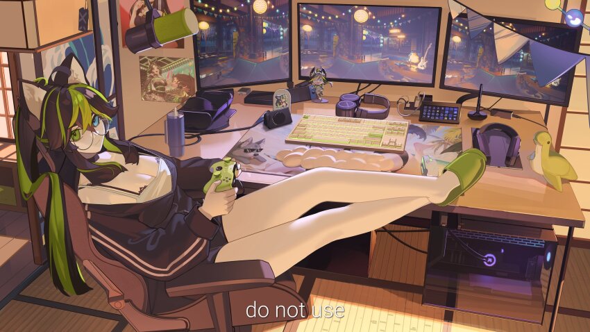 absurdres, animal_ears, bedroom, black_dress, black_hair, black_shorts, breasts, string_of_flags, cat_ears, chair, character_request, cleavage, computer, computer_keyboard, computer_tower, controller, crossed_ankles, dress, fairy_lights, full_body, gaming_chair, green_hair, headphones, highres, holding, holding_controller, indoors, kemonomimi_mode, leaning_back, legs_up, ma_someru, microphone_stand, monitor, original, poster_(object), shorts, slippers, stanley_cup, stuffed_animal, stuffed_toy, swivel_chair, virtual_youtuber
