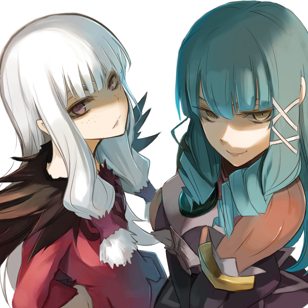 2girls, agria_(tales), blue_hair, drill_hair, emeraude_(tales), emeraude_(tales_of_graces), freckles, green_hair, hair_ribbon, in-franchise_crossover, long_hair, multiple_girls, pepe_(jonasan), purple_eyes, ribbon, smile, tales_of_(series), tales_of_graces, tales_of_xillia, white_hair, yellow_eyes