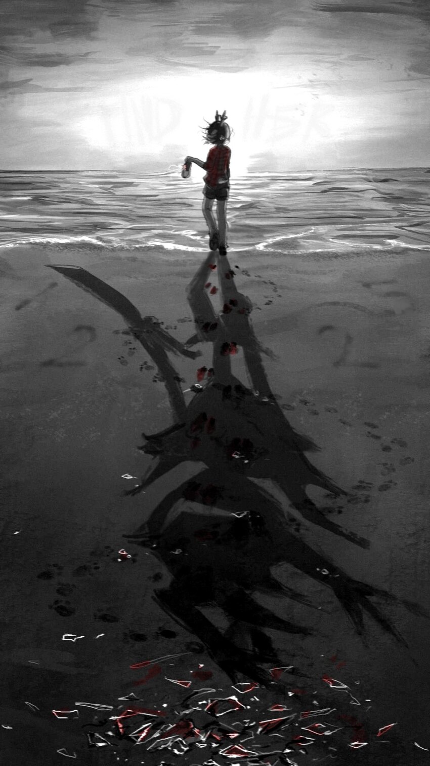 1girl, antlers, beach, blood_on_glass, bloody_footprints, commentary, december_holiday, deer_antlers