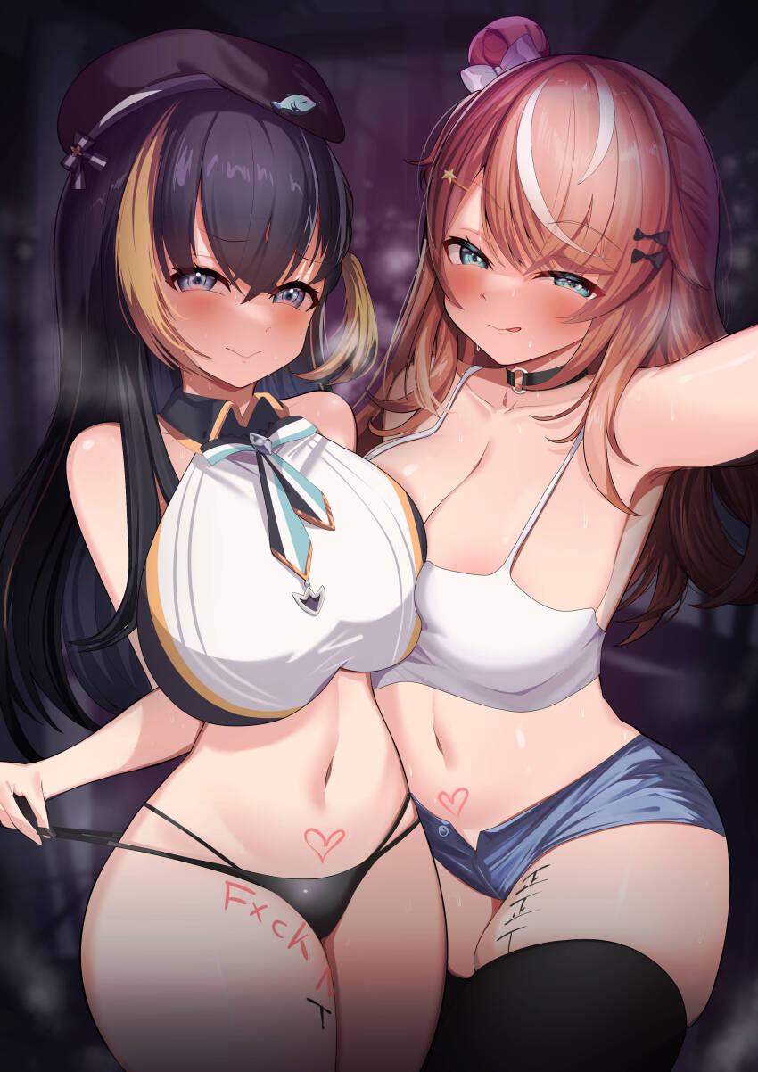 2girls, :q, absurdres, alternate_breast_size_(larger), black_choker, black_hair, black_hat, black_panties