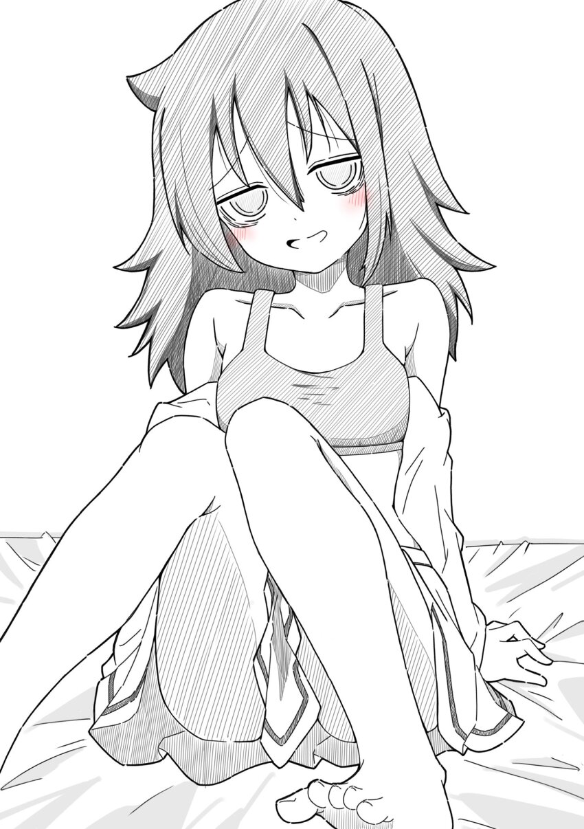1girl, azuminonomizua, bags_under_eyes, collarbone, feet, foot_out_of_frame, grin, hair_between_eyes
