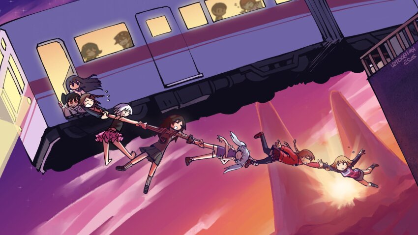 >_<, .flow, 6+girls, :d, artist_name, black_hair, black_shirt, black_skirt