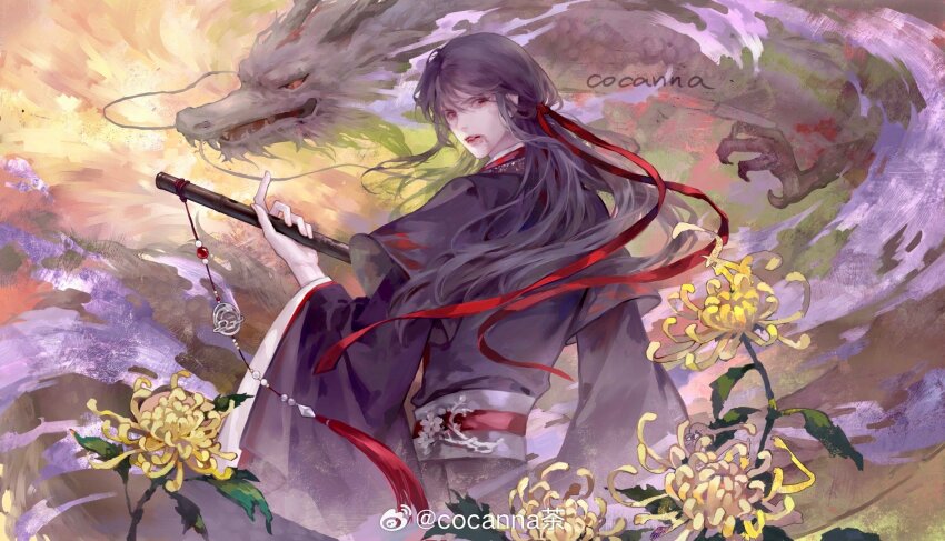 1boy, artist_name, aura, black_hair, black_hanfu, blood, blood_on_face, chenqing_flute