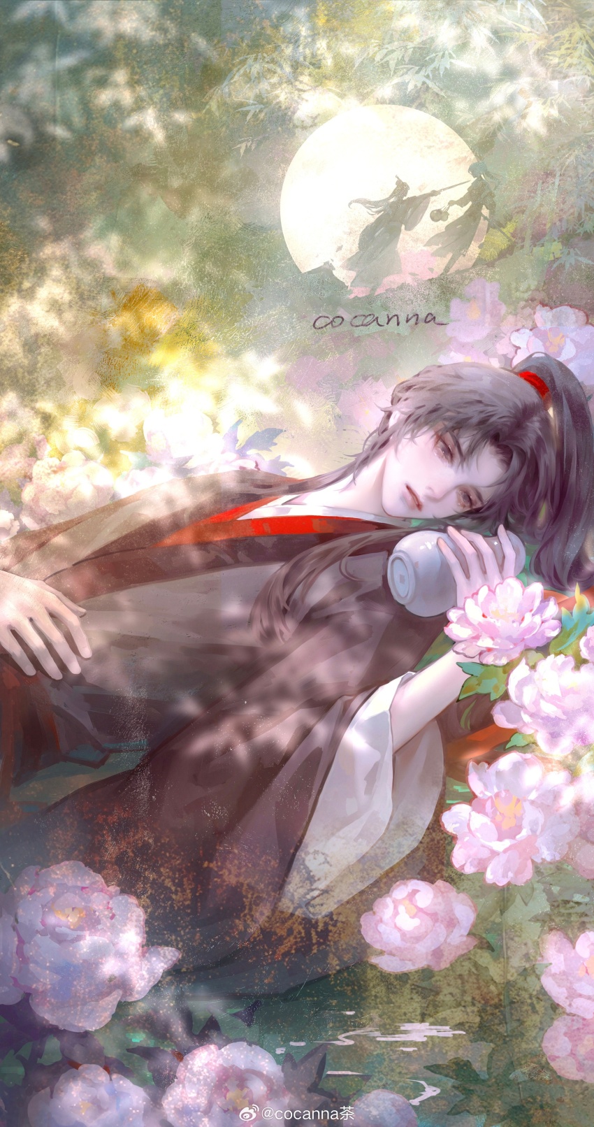 1boy, absurdres, alcohol, androgynous, artist_name, black_eyes, black_hair, black_hanfu, bottle, chinese_clothes, closed_mouth, cocanna_cha, flower, full_body, grass, hand_on_own_stomach, hanfu, highres, holding, holding_bottle, implied_yaoi, leaf, long_hair, long_sleeves, looking_at_object, looking_at_viewer, lying, male_focus, modao_zushi, moon, on_back, on_ground, outdoors, parted_bangs, parted_lips, pink_flower, ponytail, red_sash, robe, sash, sidelocks, silhouette, solo, upper_body, watermark, wei_wuxian, weibo_watermark, wide_sleeves, wine_bottle