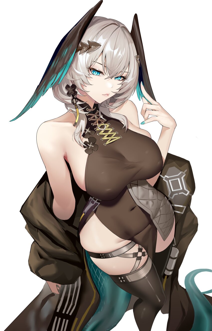 0dd, 1girl, absurdres, aqua_eyes, aqua_feathers, aqua_nails, aqua_wings, arknights