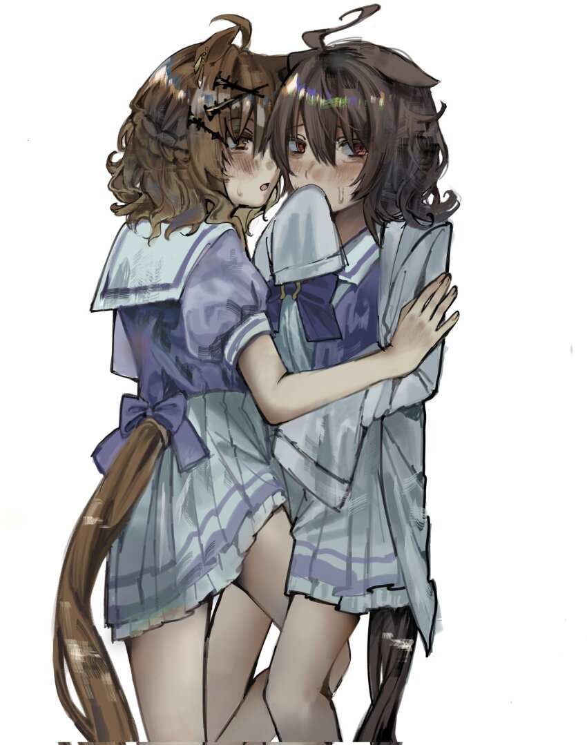 2girls, agnes_tachyon_(umamusume), animal_ears, blush, brown_eyes, brown_hair, commentary, corrupted_twitter_file, english_commentary, highres, horse_ears, horse_girl, horse_tail, ian_(2uaiueo), jungle_pocket_(umamusume), kabedon, lab_coat, leg_between_thighs, medium_hair, multiple_girls, pleated_skirt, purple_shirt, red_eyes, sailor_collar, school_uniform, shirt, simple_background, skirt, sleeves_past_fingers, sleeves_past_wrists, sweat, tail, tracen_school_uniform, umamusume, white_background, white_sailor_collar, white_skirt, yuri