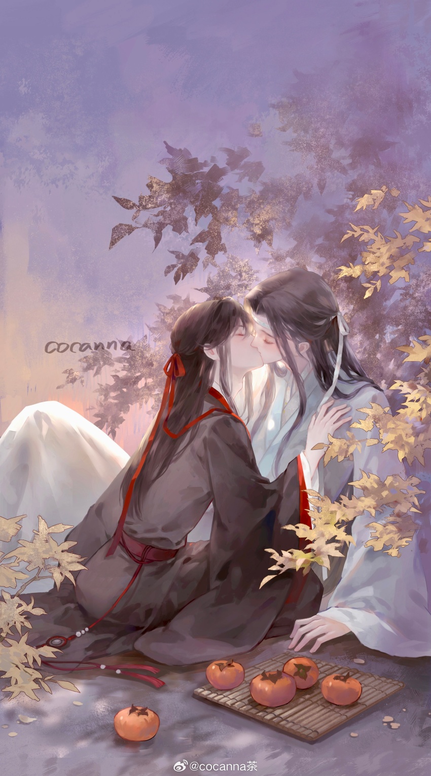 2boys, absurdres, artist_name, bishounen, black_hair, black_hanfu, blush, chinese_clothes, closed_eyes, cocanna_cha, couple, food, fruit, hair_down, hair_ribbon, half_updo, hand_on_another's_shoulder, hanfu, headband, highres, kiss, knees_up, lan_wangji, leaf, long_hair, long_sleeves, male_focus, modao_zushi, multiple_boys, official_alternate_hairstyle, outdoors, persimmon, ponytail, red_ribbon, red_sash, ribbon, robe, sash, sidelocks, sitting, tassel, tree, watermark, wei_wuxian, wei_wuxian_(yiling_laozu), white_hanfu, white_headband, wide_sleeves, yaoi, yaopei