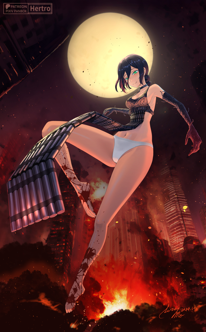 1girl, absurdres, apron, black_apron, black_gloves, black_hair, blood, blood_on_feet, breasts, chainsaw_man, city, closed_mouth, dynamite, elbow_gloves, explosive, feet, full_moon, gloves, green_eyes, hair_between_eyes, hertro, highres, medium_breasts, moon, navel, night, outdoors, panties, reze_(chainsaw_man), smile, smoke, solo, underwear, white_panties