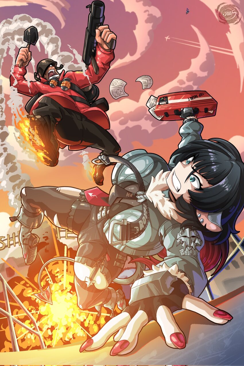 1boy, 1girl, animal_ears, artist_name, black_hair, cloud, combat_helmet, commentary