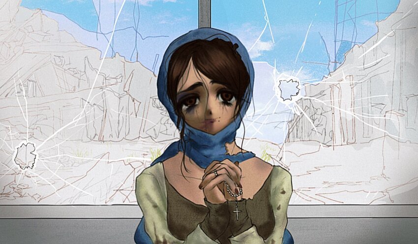 1girl, broken_glass, broken_window, brown_eyes, brown_hair, crack, cross, cross_necklace