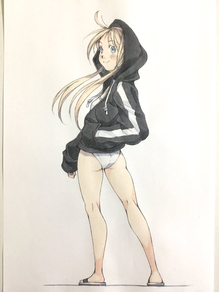 1girl, ass, bare_legs, black_hoodie, blonde_hair, blue_eyes, closed_mouth, commentary