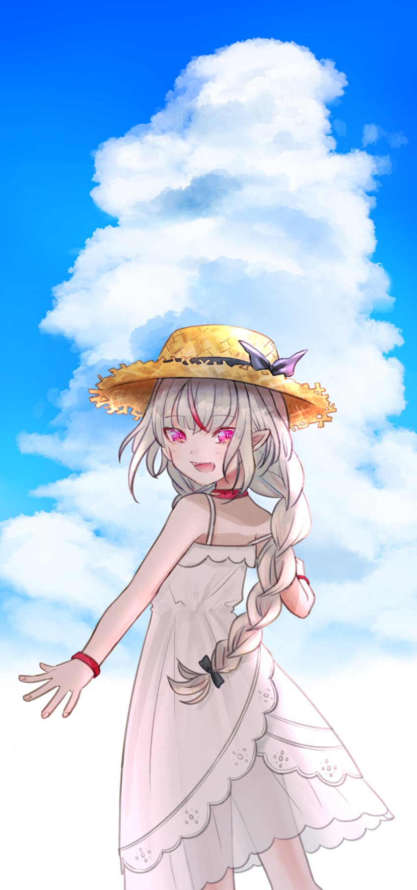 1girl, :d, absurdres, bare_shoulders, belt_collar, black_bow, black_ribbon, blunt_bangs, blush, bow, bracelet, braid, cloud, collar, cumulonimbus_cloud, dress, fangs, feet_out_of_frame, from_behind, grey_hair, hair_ribbon, hat, hat_bow, highres, jewelry, lace_trim, long_hair, looking_at_viewer, looking_back, low_twin_braids, makaino_ririmu, makaino_ririmu_(3rd_costume), multicolored_hair, nijisanji, open_mouth, pointy_ears, red_collar, red_eyes, red_streaks, ribbon, see-through_clothes, see-through_skirt, sidelocks, skirt, sky, sleeveless, sleeveless_dress, smile, solo, standing, strap_slip, straw_hat, streaked_hair, sundress, twin_braids, two-tone_hair, virtual_youtuber, wakahara, white_dress