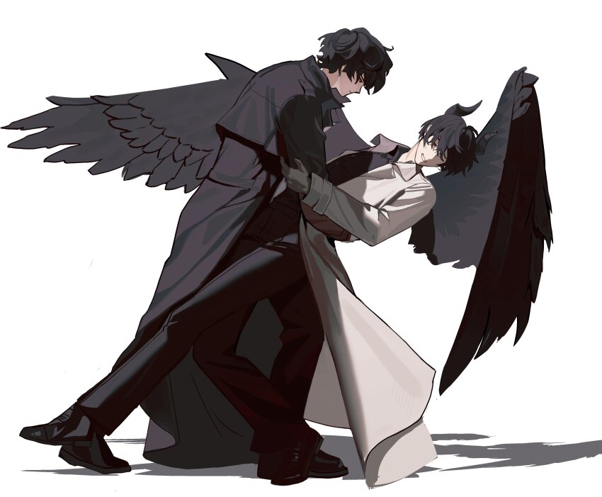 2boys, absurdres, black_coat, black_eyes, black_hair, black_shirt, black_wings, coat, collared_shirt, dancing, demon_horns, dip_(dance_move), feathered_wings, full_body, grin, hand_on_another's_arm, hand_on_another's_back, head_tilt, highres, horns, kim_dokja, leaning_back, looking_at_another, ma_someru, male_focus, multiple_boys, official_alternate_costume, omniscient_reader's_viewpoint, open_clothes, open_coat, popped_collar, shirt, short_hair, smile, white_coat, wings, yoo_joonghyuk