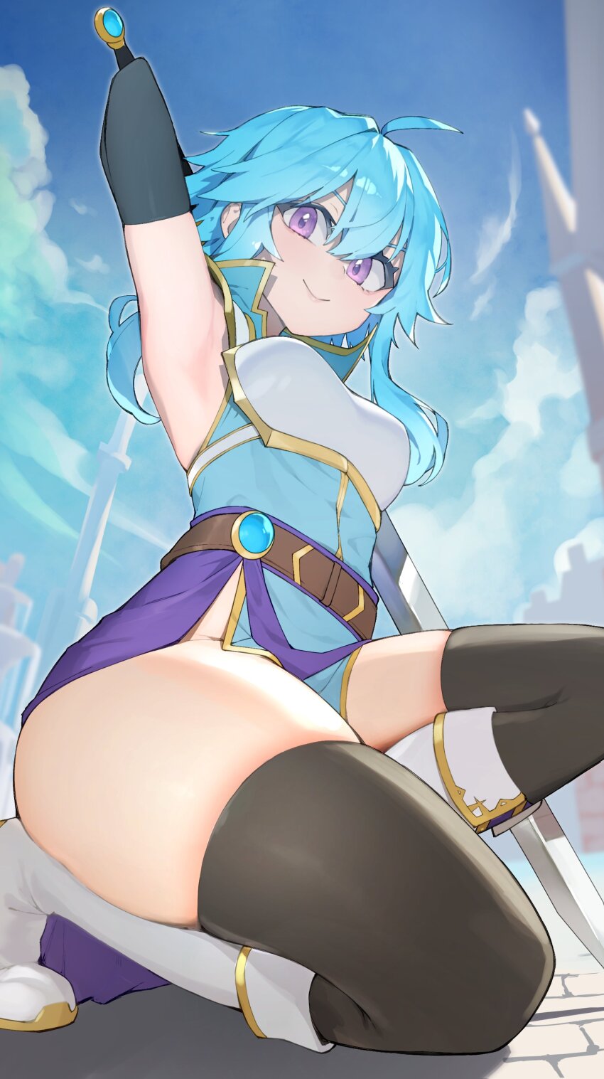 1girl, absurdres, ahoge, armor, armpits, belt, blue_hair, blue_sky
