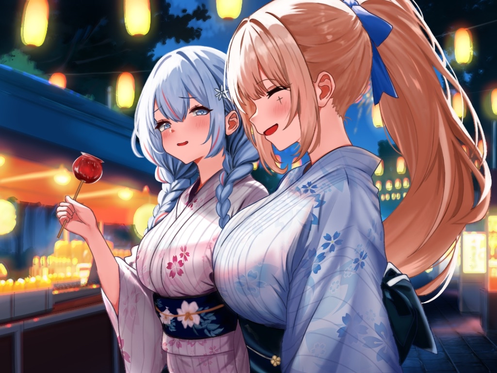 2girls, blue_eyes, blue_hair, blue_kimono, blue_ribbon, blush, bow, braid