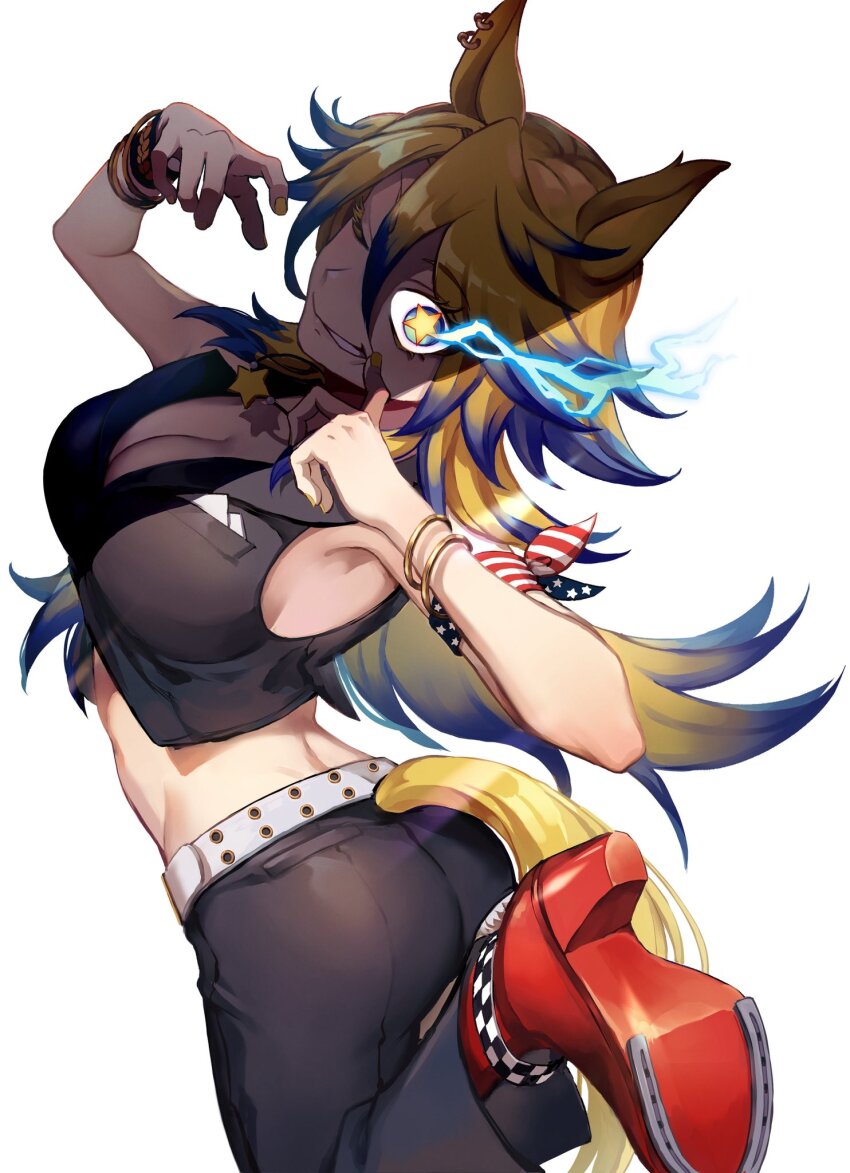 1girl, animal_ears, armband, black_pants, blonde_hair, blue_hair, boots, bracelet, breasts, cleavage, commentary_request, commission, cropped_jacket, gold_bracelet, high_heel_boots, high_heels, highres, horse_ears, horse_girl, horse_tail, horseshoe, jewelry, large_breasts, long_hair, multicolored_hair, obey_your_master_(umamusume), one_eye_closed, pants, red_boots, sekiyu_inu, simple_background, skeb_commission, solo, star-shaped_pupils, star_(symbol), symbol-shaped_pupils, tail, two-tone_hair, umamusume, umamusume:_cinderella_gray, white_background, yellow_nails