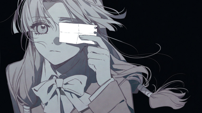 1girl, blazer, blunt_sidelocks, collared_shirt, greyscale, hair_over_shoulder, highres, holding