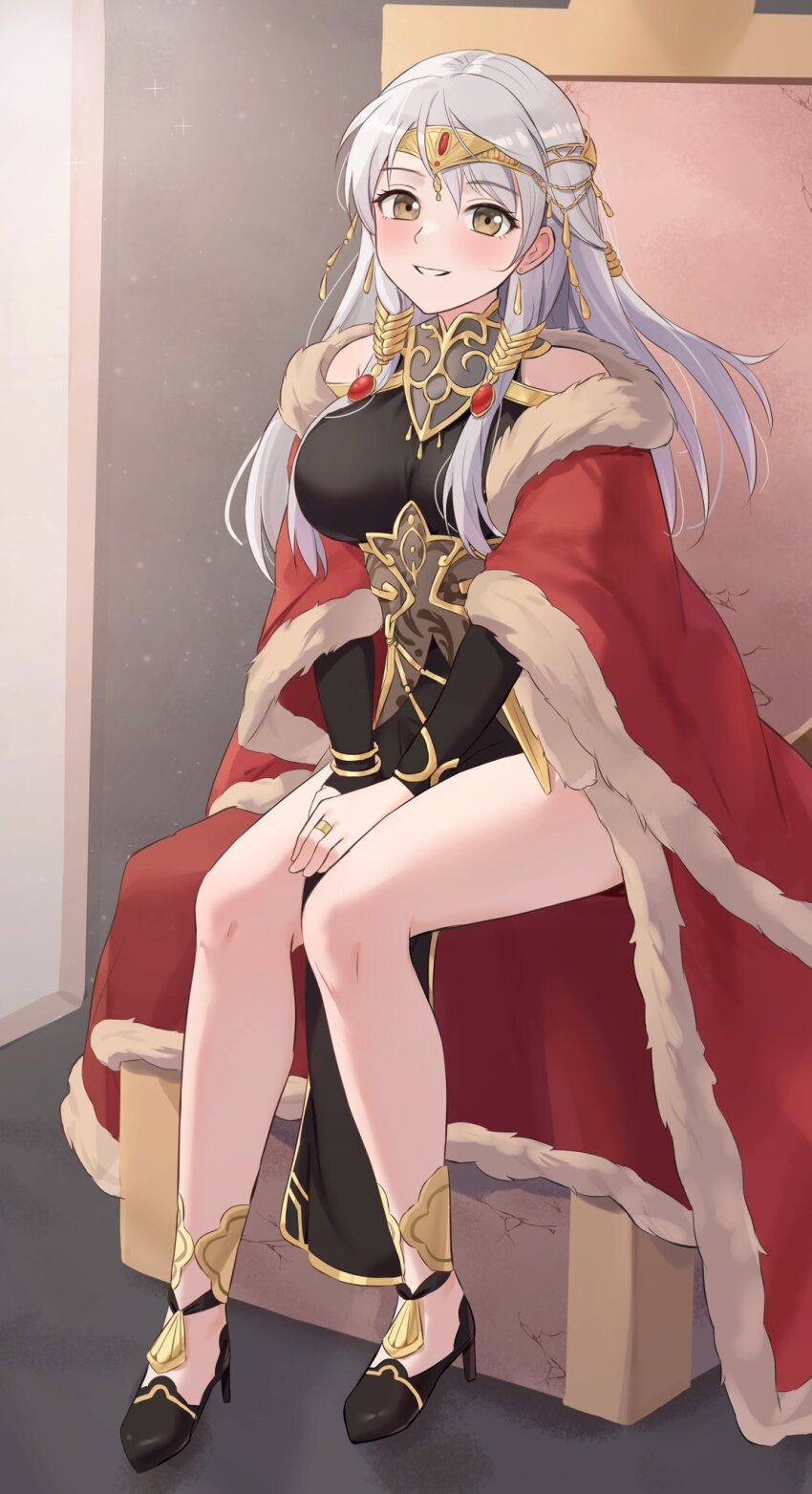 1girl, amayo_thranana, bare_legs, black_dress, blush, breasts, brown_eyes, cape