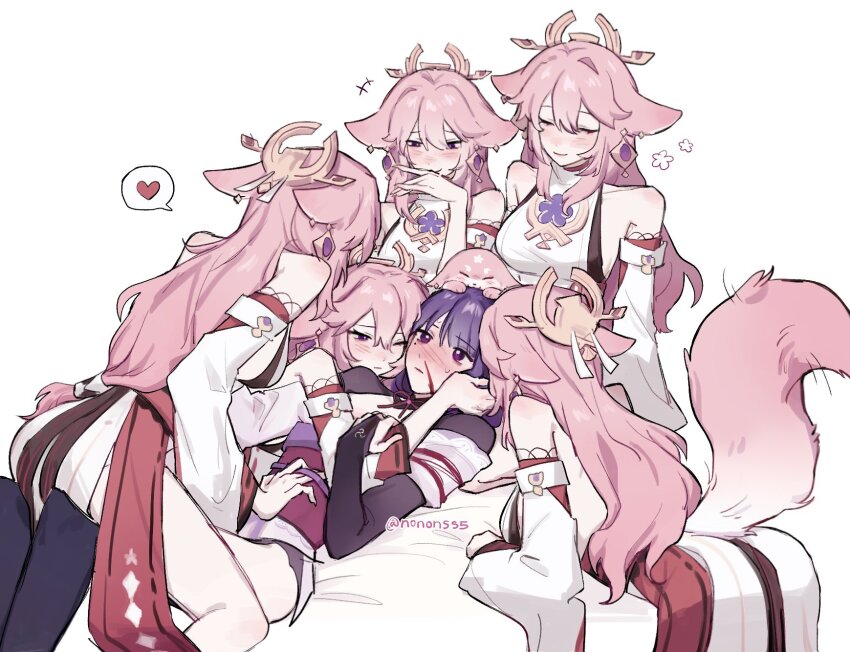 6+girls, animal_ears, animalization, blood, blush, breasts, bridal_gauntlets, clone_harem