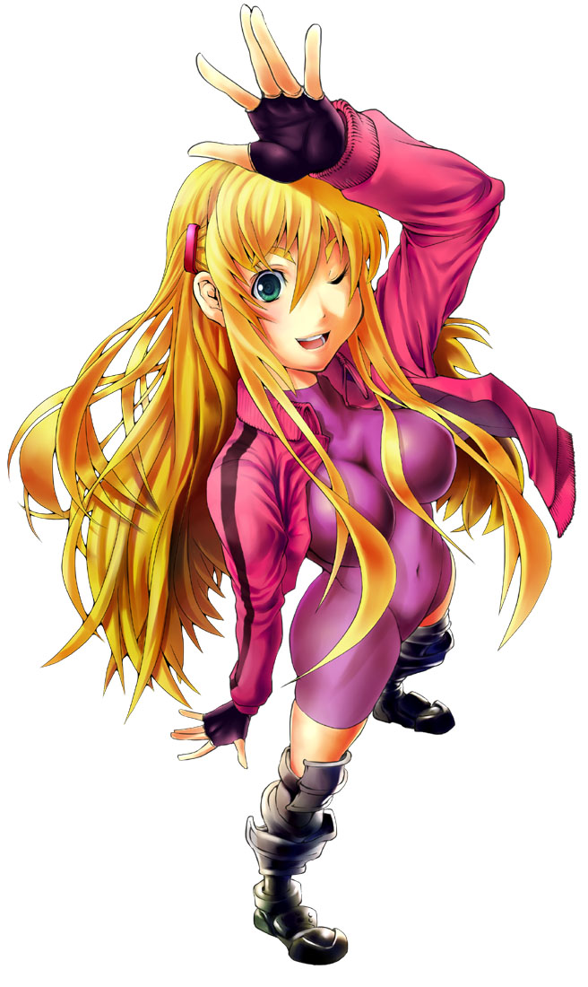 10s, 1girl, ;d, arm_up, armor, blonde_hair, bodysuit, boots