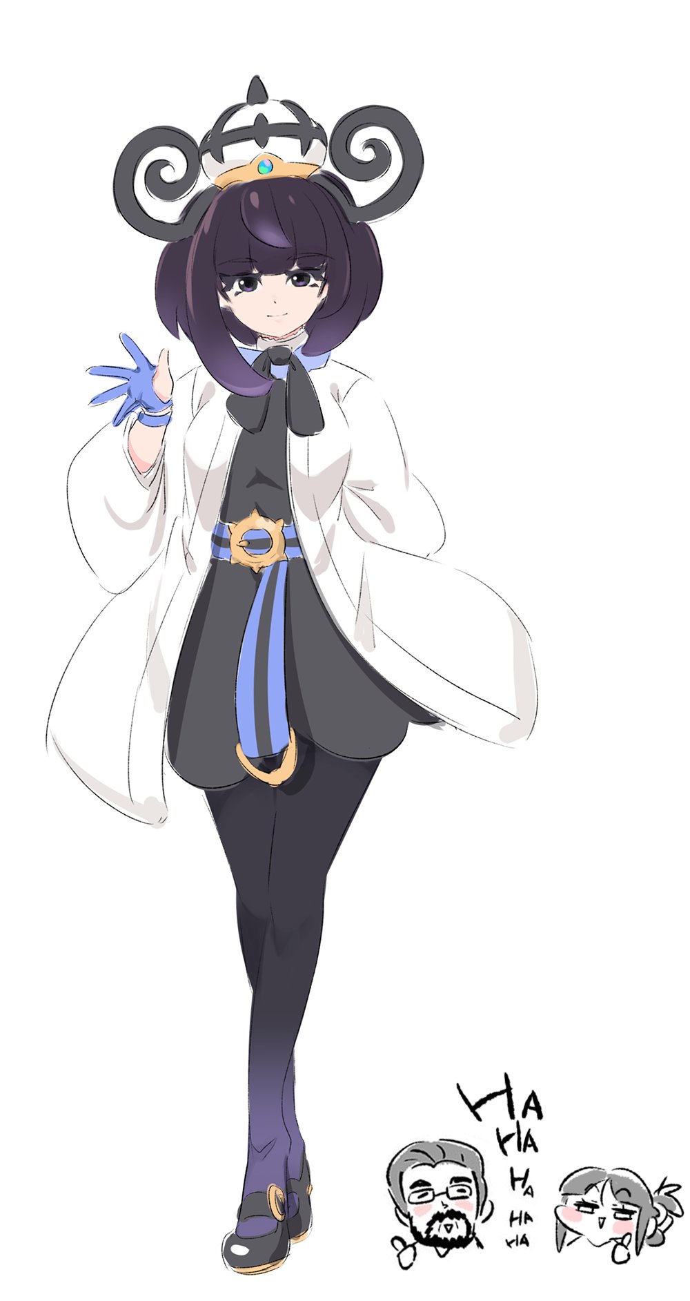 1boy, 2girls, arm_behind_back, belt, belt_buckle, black_dress, black_ribbon, black_shoes, blue_belt, blue_gloves, bob_cut, buckle, closed_mouth, coat, dress, eyelashes, full_body, gloves, gwynn_(pokemon), hat, highres, long_sleeves, looking_at_viewer, multiple_girls, nintendo, o-ring, o-ring_belt, open_clothes, open_coat, pantyhose, partially_fingerless_gloves, pokemon, pokemon_legends:_z-a, purple_eyes, purple_hair, ribbon, shoes, short_hair, smile, solo_focus, white_background, white_coat, white_hat, zenbi_(yakumo_0624)